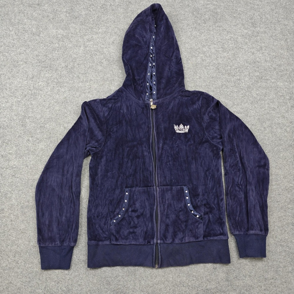 Arizona Jean Company Hoodieβ Girls 10/12 Blue Velour Full Zip Rhinestone Crown
